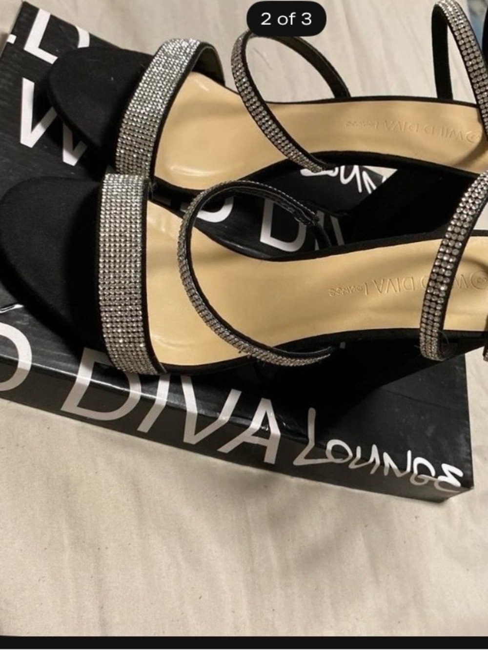 DIVA Lounge Black Heeled Sandals with Silver Crystal Straps